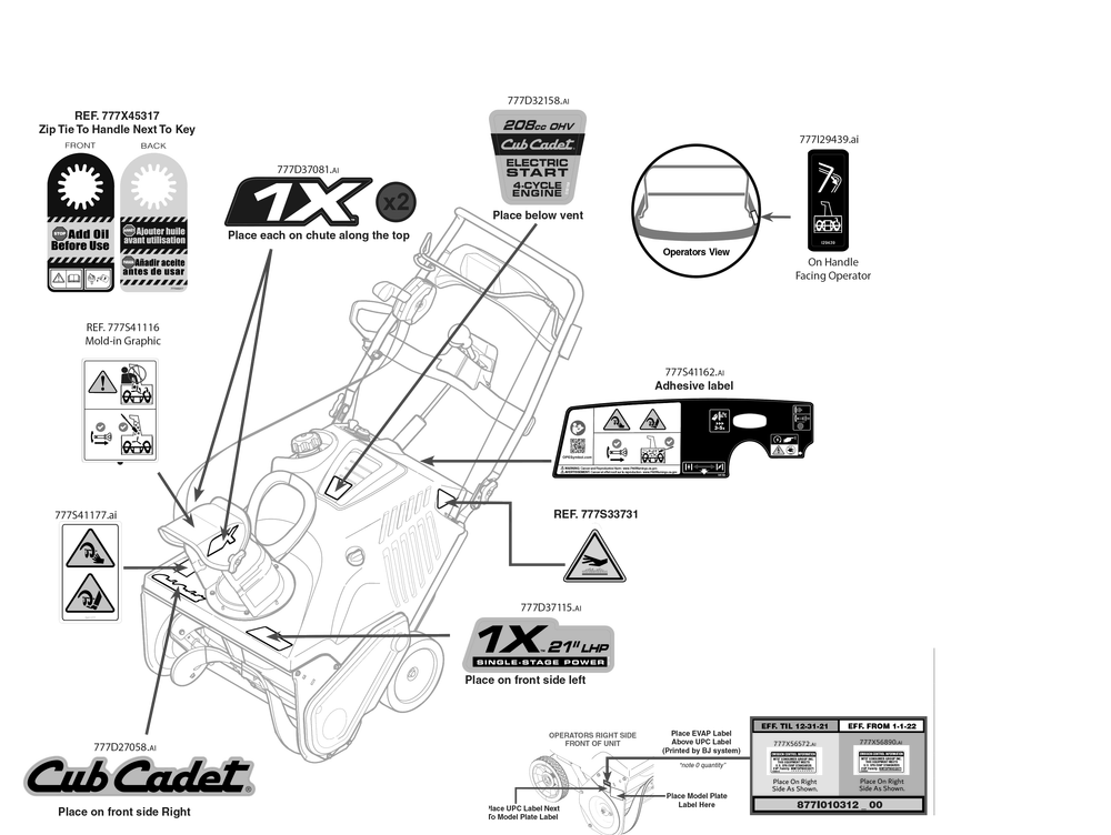 Label Map Diagram and Parts List for 1X21-INCHLHP (31PM2T6C710)(2022) Cub Cadet Snow Blower